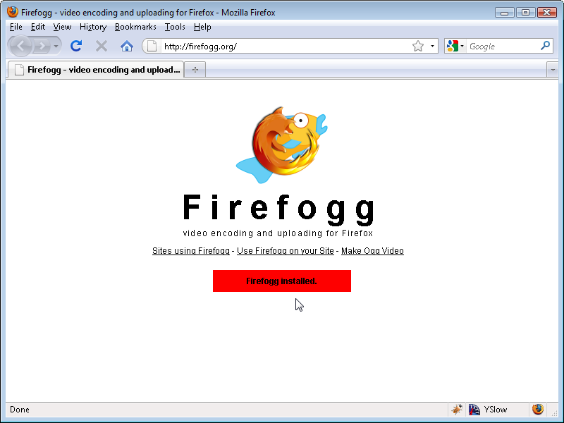 Firefogg home page after installation
